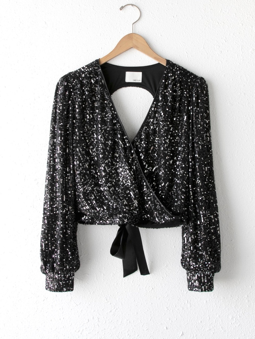 Greylin Eliza Open Back Sequin Top Black small tie bow glam party rodeo festival